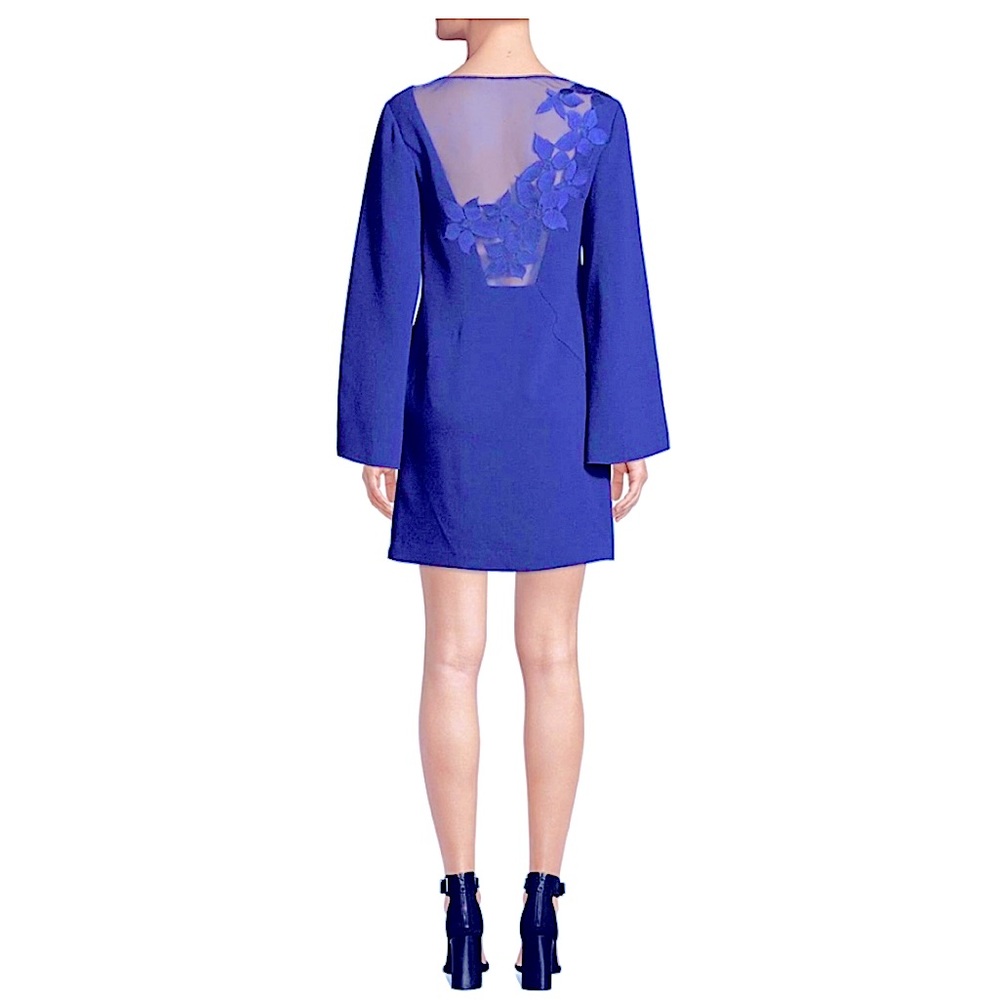 NWT Trina Turk Engaging Blue Sheer Mesh Back Floral Crepe Shift Dress size 10